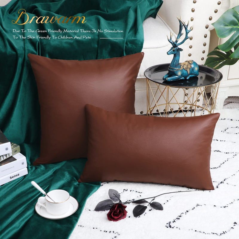 BRAWARM Faux Leather Throw Pillow Covers 16 X 16 Inches - Brown Leather Pilow Covers Pack of 2, Solid Dyed Leather Pillowcases for Couch Bed Sofa Garden Home Decorative - Image 4